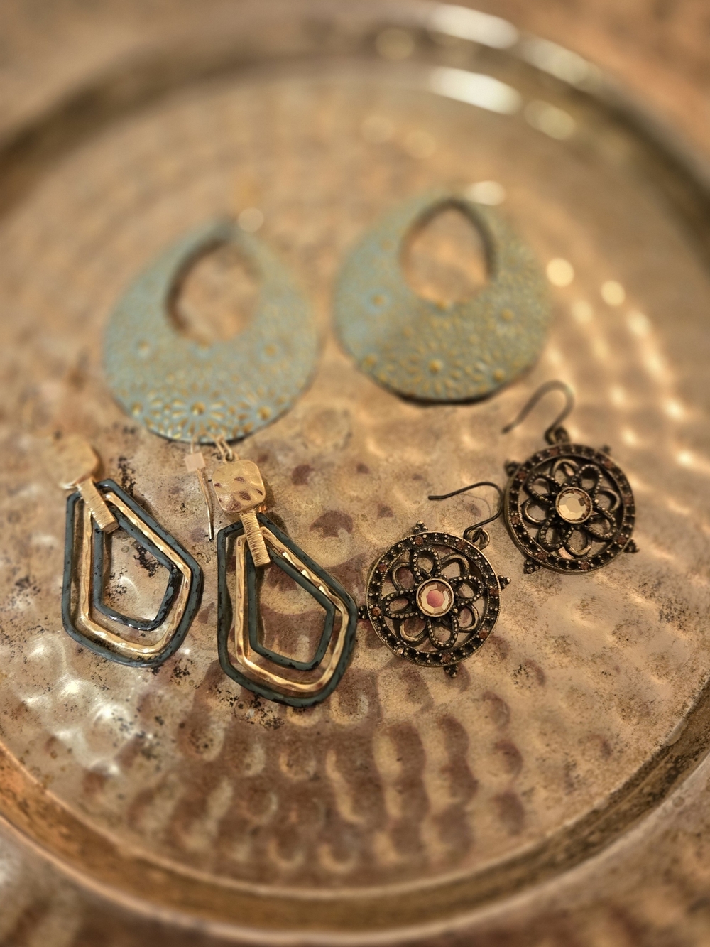 Mixed-Metal Teardrop and Filigree Earrings - Blue and Gold Accents